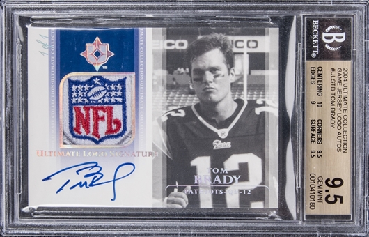 2004 "Ultimate Collection" #ULSTB Tom Brady Game Jersey Logo Signed Card (#1/1) – BGS GEM MINT 9.5/BGS 10